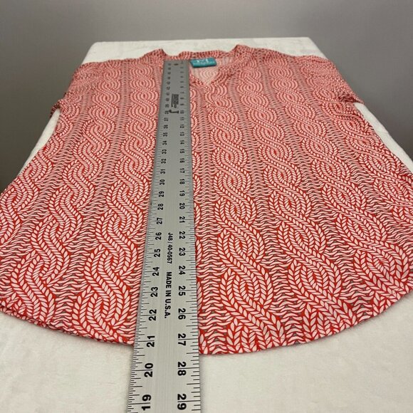 Escapada Womens Red White Leaf Print Split Neck Band Collar Top Blouse 3/4Sleeve - Picture 7 of 9